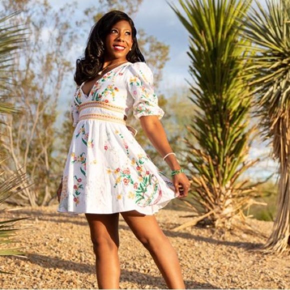 Anthropologie Deep-V Floral Embroidered Mini Dress Size 2XL White - Picture 5 of 13